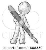 Poster, Art Print Of Sketch Design Mascot Man Drawing Or Writing With Large Calligraphy Pen