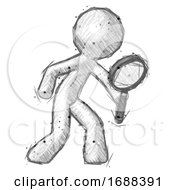 Sketch Design Mascot Man Inspecting With Large Magnifying Glass Right