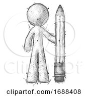 Poster, Art Print Of Sketch Design Mascot Man With Large Pencil Standing Ready To Write