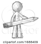 Poster, Art Print Of Sketch Design Mascot Man Writer Or Blogger Holding Large Pencil