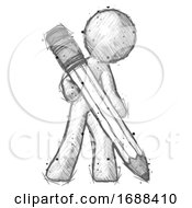 Poster, Art Print Of Sketch Design Mascot Man Writing With Large Pencil