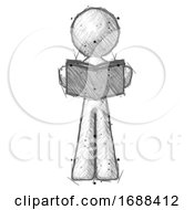 Sketch Design Mascot Man Reading Book While Standing Up Facing Viewer