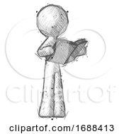 Poster, Art Print Of Sketch Design Mascot Man Reading Book While Standing Up Facing Away