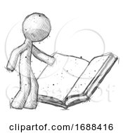 Sketch Design Mascot Man Reading Big Book While Standing Beside It