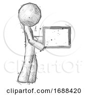 Poster, Art Print Of Sketch Design Mascot Man Show Tablet Device Computer To Viewer Blank Area