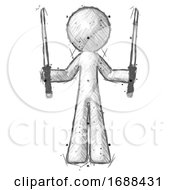 Sketch Design Mascot Man Posing With Two Ninja Sword Katanas Up