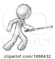Poster, Art Print Of Sketch Design Mascot Man Stabbing With Ninja Sword Katana