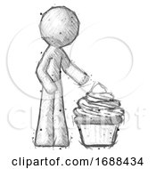 Poster, Art Print Of Sketch Design Mascot Man With Giant Cupcake Dessert
