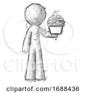 Sketch Design Mascot Man Presenting Pink Cupcake To Viewer