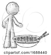 Sketch Design Mascot Man And Noodle Bowl Giant Soup Restaraunt Concept