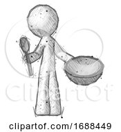 Sketch Design Mascot Man With Empty Bowl And Spoon Ready To Make Something