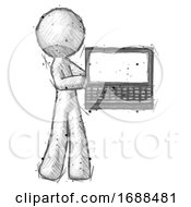 Poster, Art Print Of Sketch Design Mascot Man Holding Laptop Computer Presenting Something On Screen