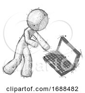 Sketch Design Mascot Man Throwing Laptop Computer In Frustration