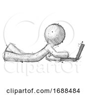 Poster, Art Print Of Sketch Design Mascot Man Using Laptop Computer While Lying On Floor Side View