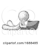 Sketch Design Mascot Man Using Laptop Computer While Lying On Floor Side Angled View