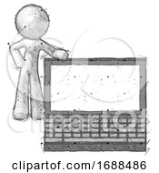 Poster, Art Print Of Sketch Design Mascot Man Beside Large Laptop Computer Leaning Against It