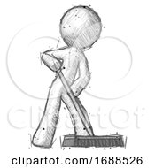 Sketch Design Mascot Man Cleaning Services Janitor Sweeping Floor With Push Broom