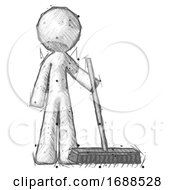 Sketch Design Mascot Man Standing With Industrial Broom