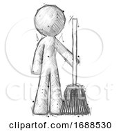 Poster, Art Print Of Sketch Design Mascot Man Standing With Broom Cleaning Services