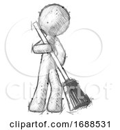 Sketch Design Mascot Man Sweeping Area With Broom
