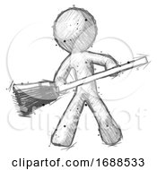 Poster, Art Print Of Sketch Design Mascot Man Broom Fighter Defense Pose