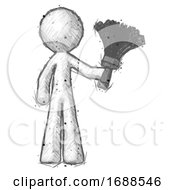 Sketch Design Mascot Man Holding Feather Duster Facing Forward