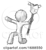 Poster, Art Print Of Sketch Design Mascot Man Holding Jester Staff Posing Charismatically