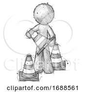 Sketch Design Mascot Man Holding A Traffic Cone