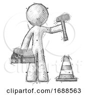 Poster, Art Print Of Sketch Design Mascot Man Under Construction Concept Traffic Cone And Tools