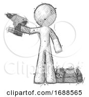 Poster, Art Print Of Sketch Design Mascot Man Holding Drill Ready To Work Toolchest And Tools To Right