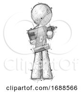 Sketch Design Mascot Man Holding Large Drill