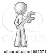 Sketch Design Mascot Man Holding Large Wrench With Both Hands
