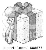Sketch Design Mascot Man Leaning On Gift With Bow Angle View