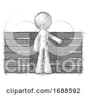 Sketch Design Mascot Man With Server Racks In Front Of Two Networked Systems