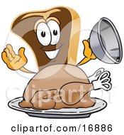 Clipart Picture Of A Meat Beef Steak Mascot Cartoon Character Serving A Thanksgiving Turkey On A Platter by Toons4Biz