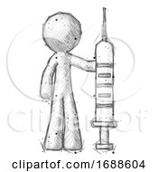 Sketch Design Mascot Man Holding Large Syringe