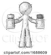 Sketch Design Mascot Man Holding Two Medicine Bottles