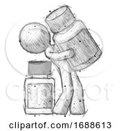 Poster, Art Print Of Sketch Design Mascot Man Holding Large White Medicine Bottle With Bottle In Background