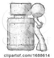 Sketch Design Mascot Man Leaning Against Large Medicine Bottle