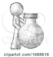 Poster, Art Print Of Sketch Design Mascot Man Standing Beside Large Round Flask Or Beaker