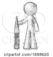 Poster, Art Print Of Sketch Design Mascot Man Standing With Large Thermometer