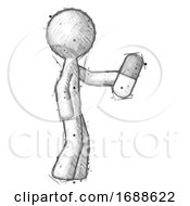 Poster, Art Print Of Sketch Design Mascot Man Holding Pill Walking To Right