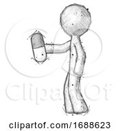 Sketch Design Mascot Man Holding Pill Walking To Left