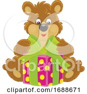 Poster, Art Print Of Bear Opening A Christmas Gift