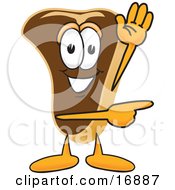 Meat Beef Steak Mascot Cartoon Character Waving And Pointing To The Right
