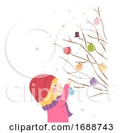 Poster, Art Print Of Kid Girl Christmas Tree Branch Decorate Balls
