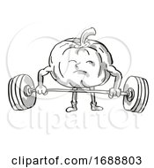 Poster, Art Print Of Pumpkin Or Squash Healthy Vegetable Lifting Barbell Cartoon Retro Drawing