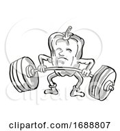 Poster, Art Print Of Bell Pepper Or Capsicum Healthy Vegetable Lifting Barbell Cartoon Retro Drawing