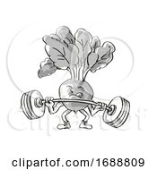 Poster, Art Print Of Red Radish Healthy Vegetable Lifting Barbell Cartoon Retro Drawing