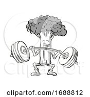 Poster, Art Print Of Broccoli Healthy Vegetable Lifting Barbell Cartoon Retro Drawing